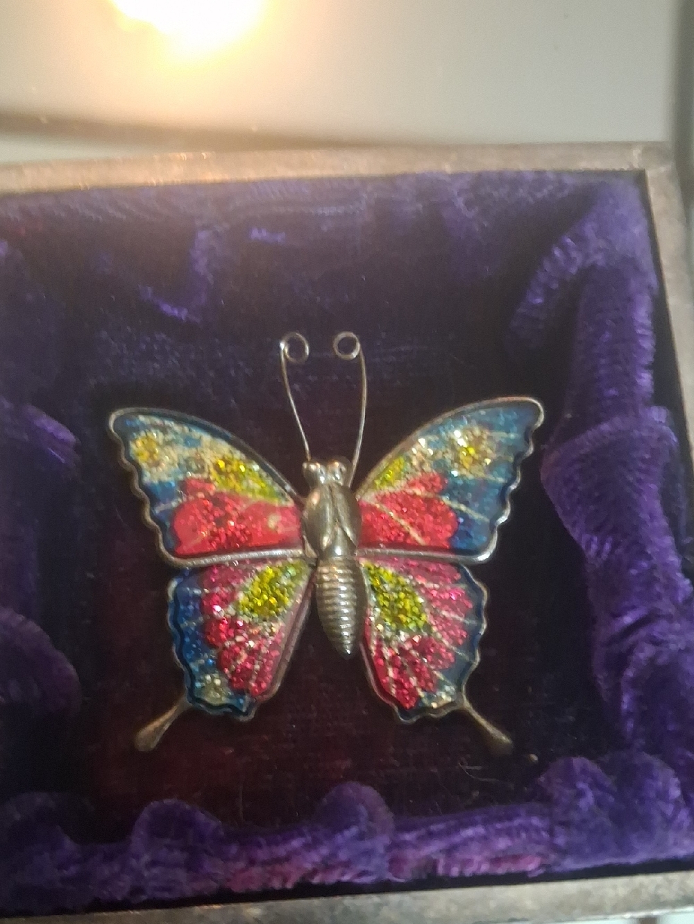 Vintage Colorful Butterfly Brooch - Multicolor Glitter Enamel. Missing Bar Clasp